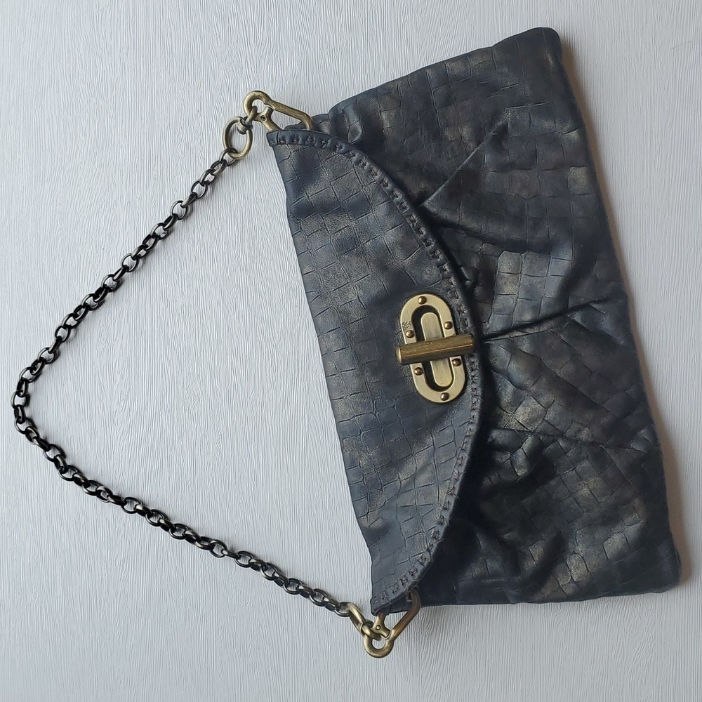 Per Se Black Bronze Leather Envelope Over the Shoulder Purse